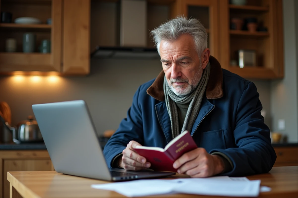 Homme examinant son passeport à la maison