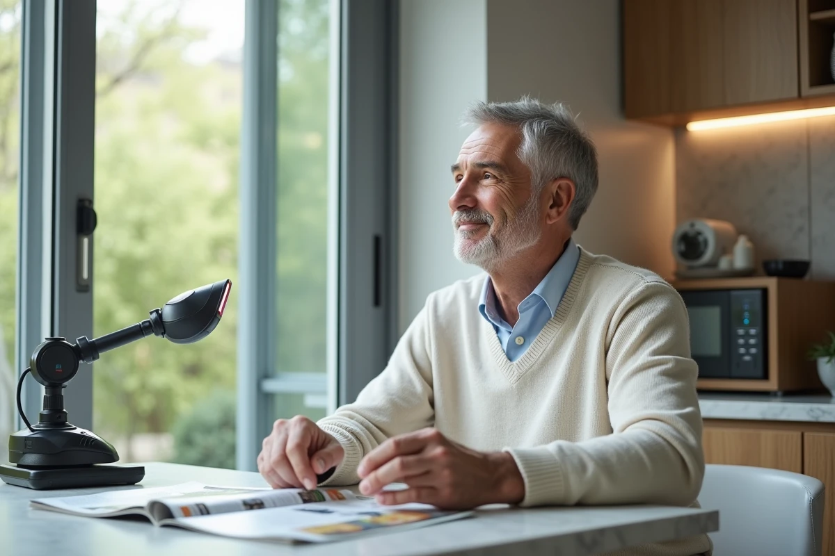 Homme regardant un robot nettoyeur de fenetre dans la cuisine