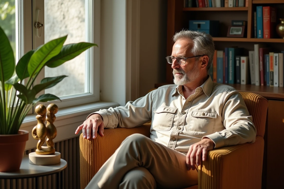 Homme lisant avec sculpture dans un coin lecture lumineux