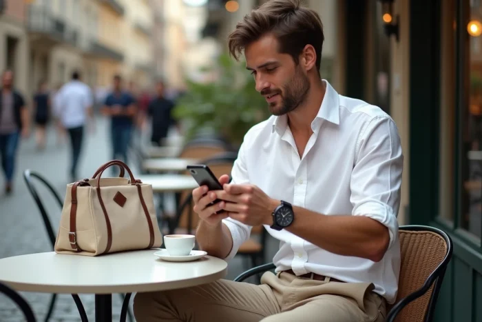 Homme stylé avec montre minimaliste et sac en toile structuré attablé à une terrasse de café européen