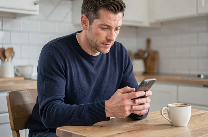 Homme consultant son téléphone pour trouver le numéro 3400 et contacter un conseiller