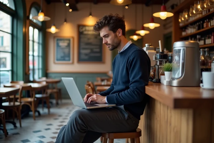 Homme consultant les tendances culturelles sur un ordinateur portable dans un café parisien authentique
