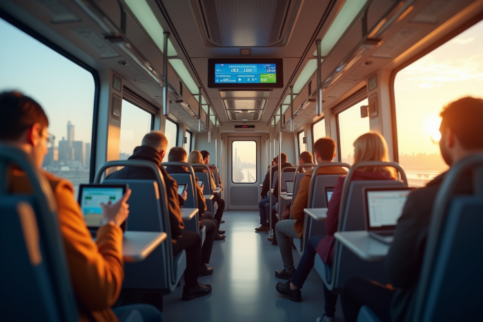 Intérieur moderne d'un train avec passagers utilisant smartphones et ordinateurs