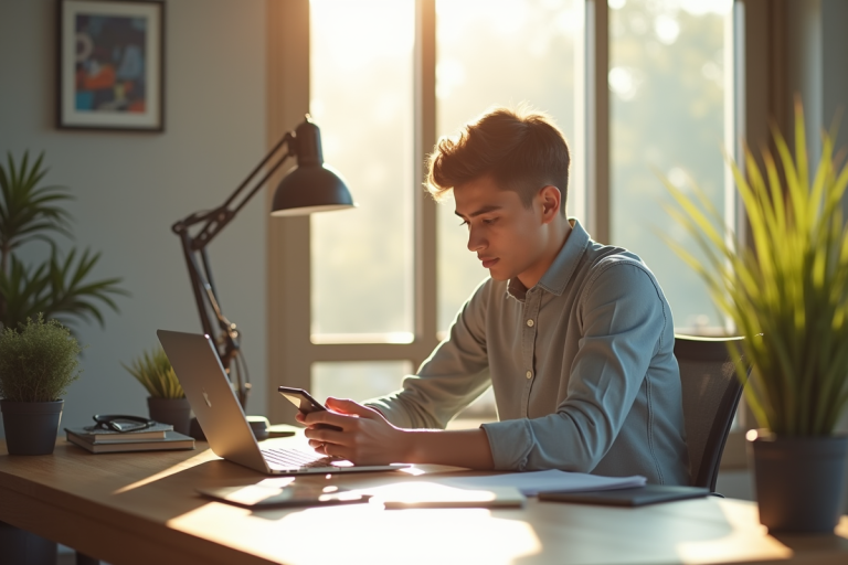 Jeune adulte utilisant smartphone et ordinateur dans un bureau lumineux