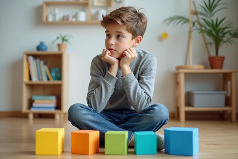 Jeune garçon concentré avec cubes de couleurs pour apprendre les dimensions