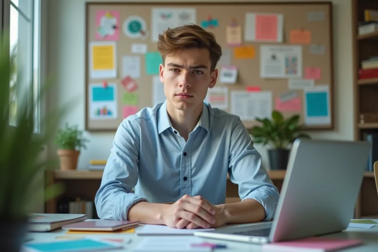 Jeune étudiant pensif dans un bureau moderne avec brochures