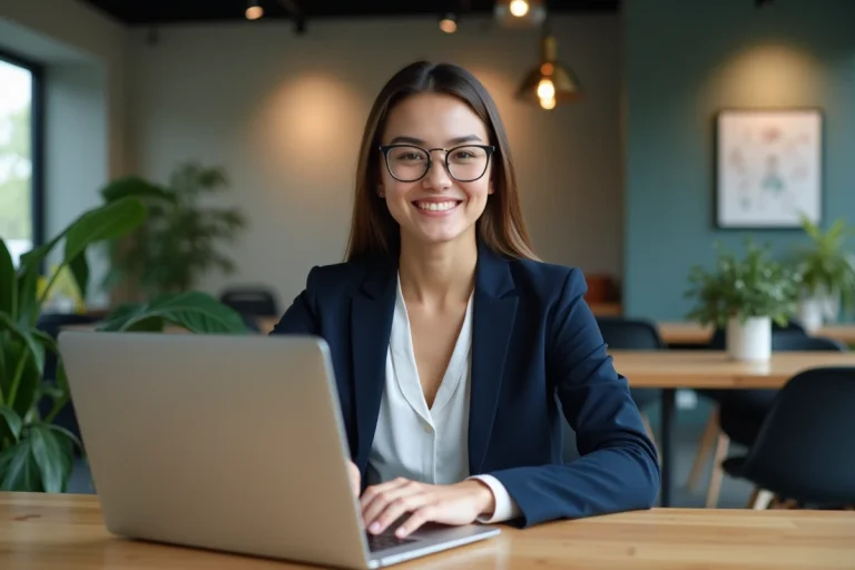 Jeune femme entrepreneure travaillant sur son ordinateur dans un espace coworking