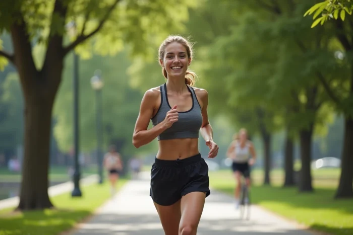 Jeune femme en tenue de sport courant au bord de l'eau dans un parc urbain