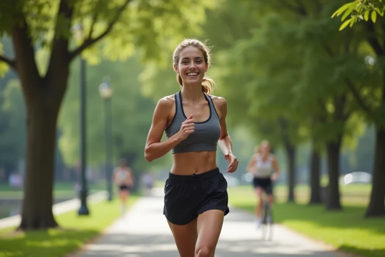 Jeune femme en tenue de sport courant au bord de l'eau dans un parc urbain