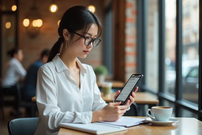 Jeune femme consultant le plan d'un site web sur smartphone dans un café urbain