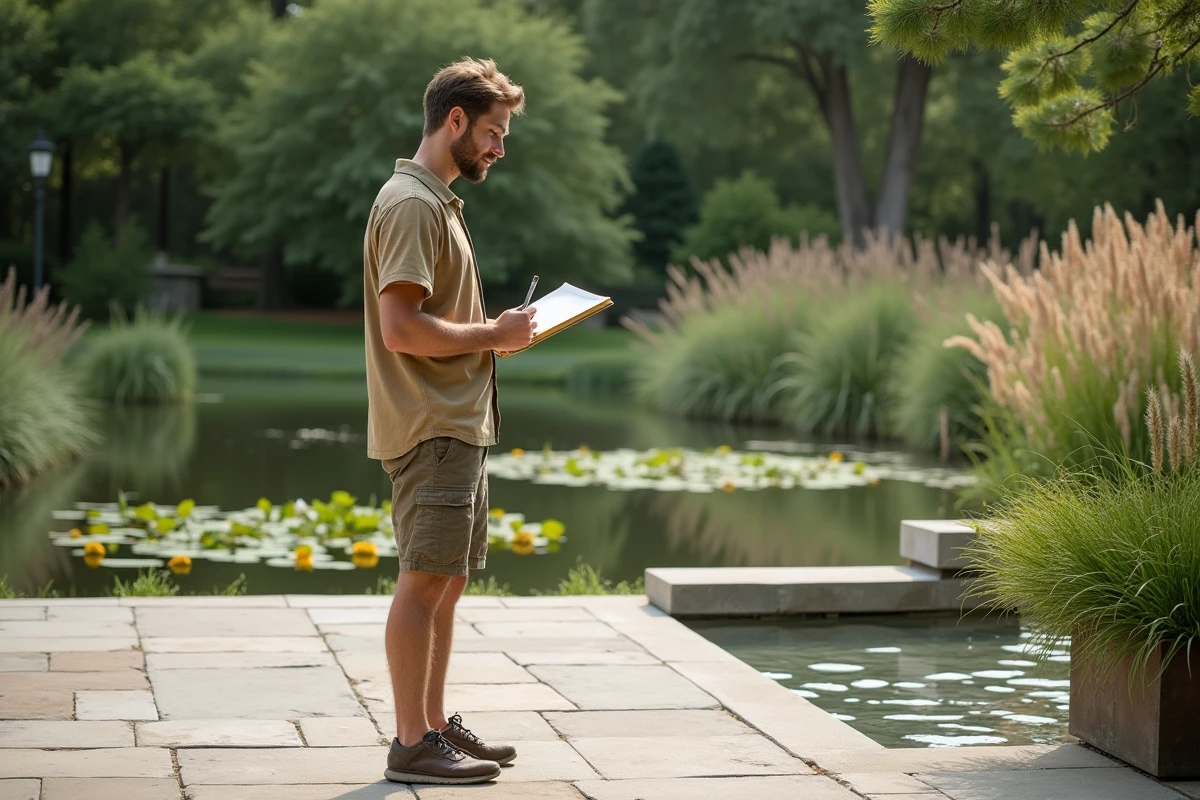 Jeune homme esquissant un plan de paysage extérieur