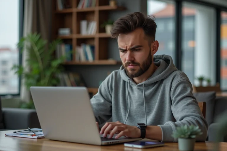 Jeune homme concentré utilisant son laptop dans un intérieur moderne