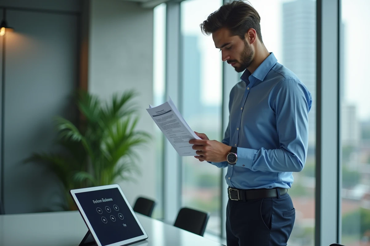 Jeune homme vérifiant des instructions bancaires au bureau