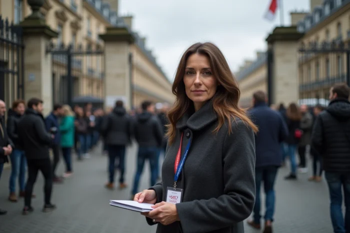 Journaliste française devant un bâtiment gouvernemental parisien lors d'une conférence de presse politique