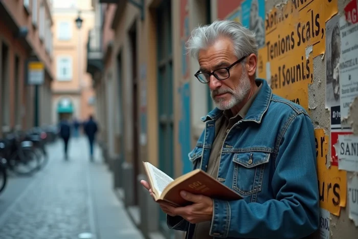Homme lisant un ouvrage de théorie critique devant un mur recouvert d'affiches politiques dans une rue urbaine européenne