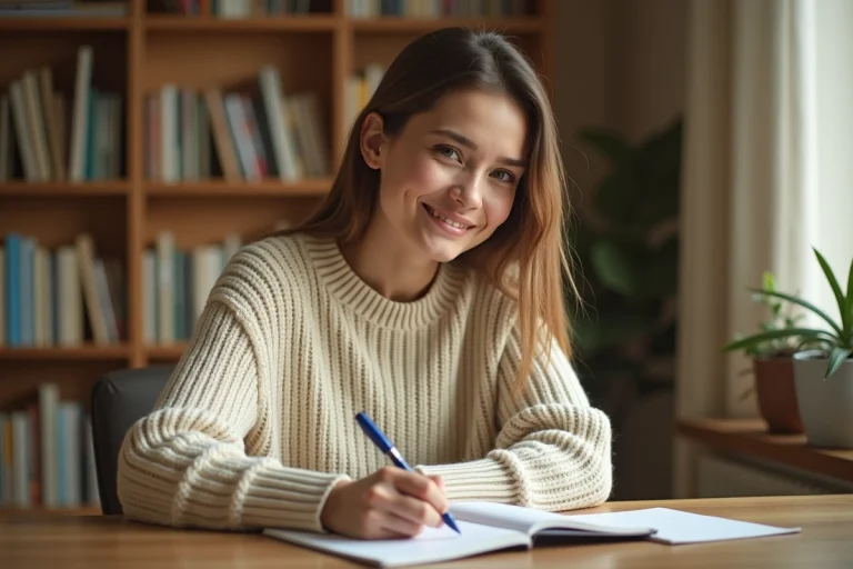 Jeune femme écrivant une liste de prénoms tendance dans un carnet sur un bureau en bois