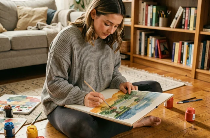 Femme adulte peignant à l'aquarelle dans un salon cosy, entourée de matériel artistique, explorant un loisir créatif à la maison