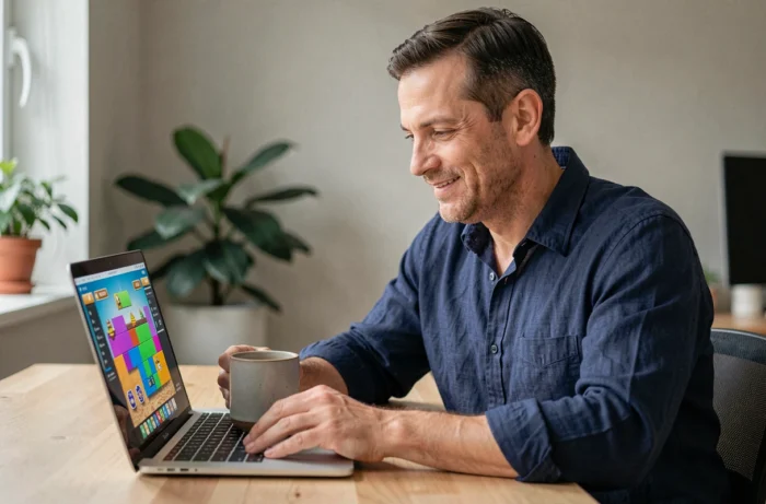 Homme en télétravail jouant à un jeu de puzzle en ligne sur son ordinateur portable dans un bureau à domicile lumineux