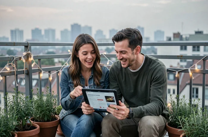 Deux amis regardant un tutoriel de cuisine en ligne sur une tablette sur un balcon urbain, partageant un moment de loisir numérique convivial