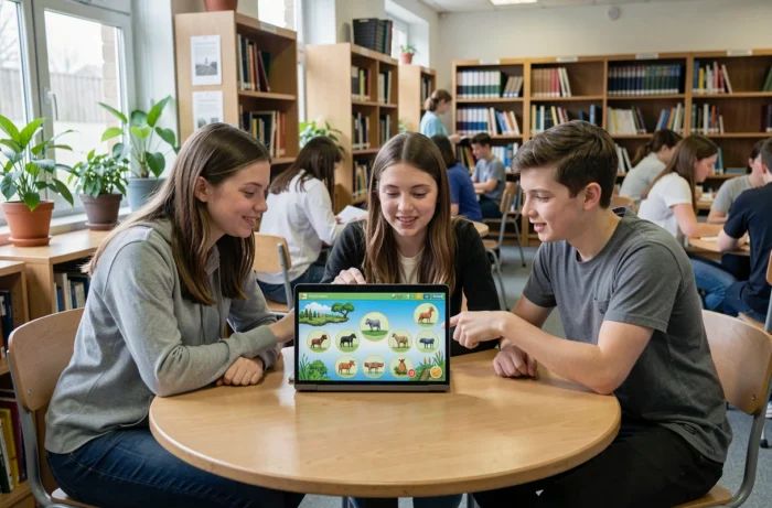 Groupe de lycéens découvrant ensemble un jeu de simulation d'écosystème sur ordinateur portable dans une bibliothèque scolaire