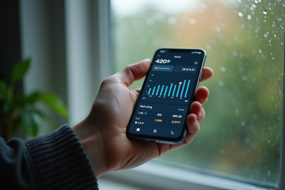 Main usée tenant smartphone avec graphiques de pluie