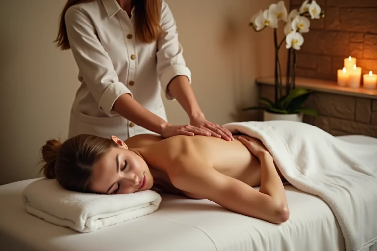 Femme recevant un massage professionnel du dos dans un spa au décor zen avec bougies et orchidées blanches