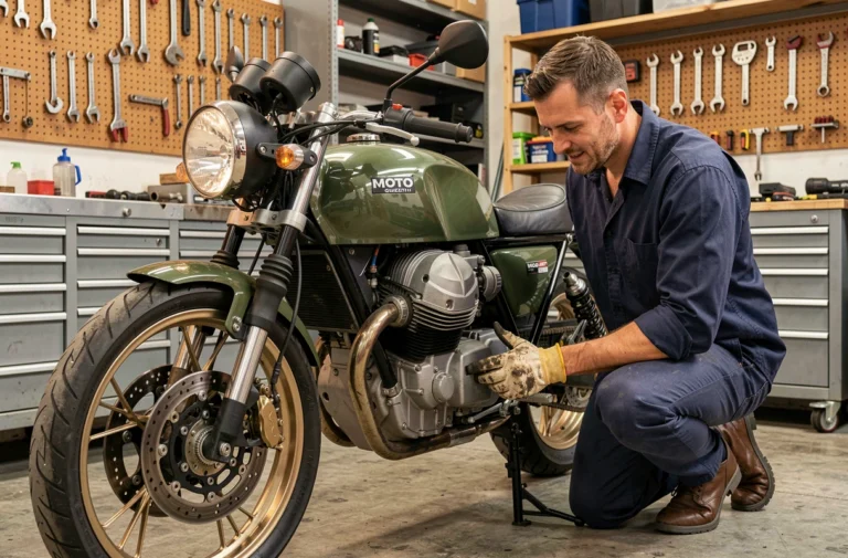 Mécanicien inspectant le moteur V-twin d'une Moto Guzzi V85 TT dans un atelier de réparation moto