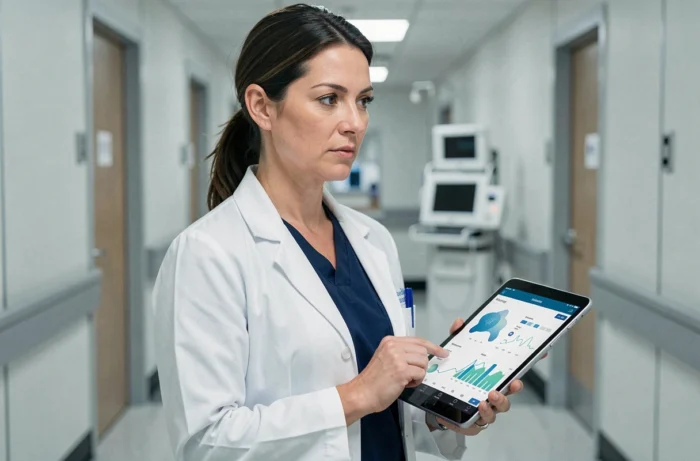 Médecin femme tenant une tablette avec des données de santé numériques dans un couloir hospitalier moderne en 2024