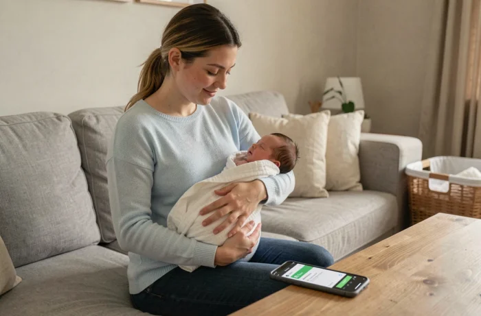 Jeune mère tenant son nouveau-né et consultant une notification de versement de prime de naissance sur son téléphone