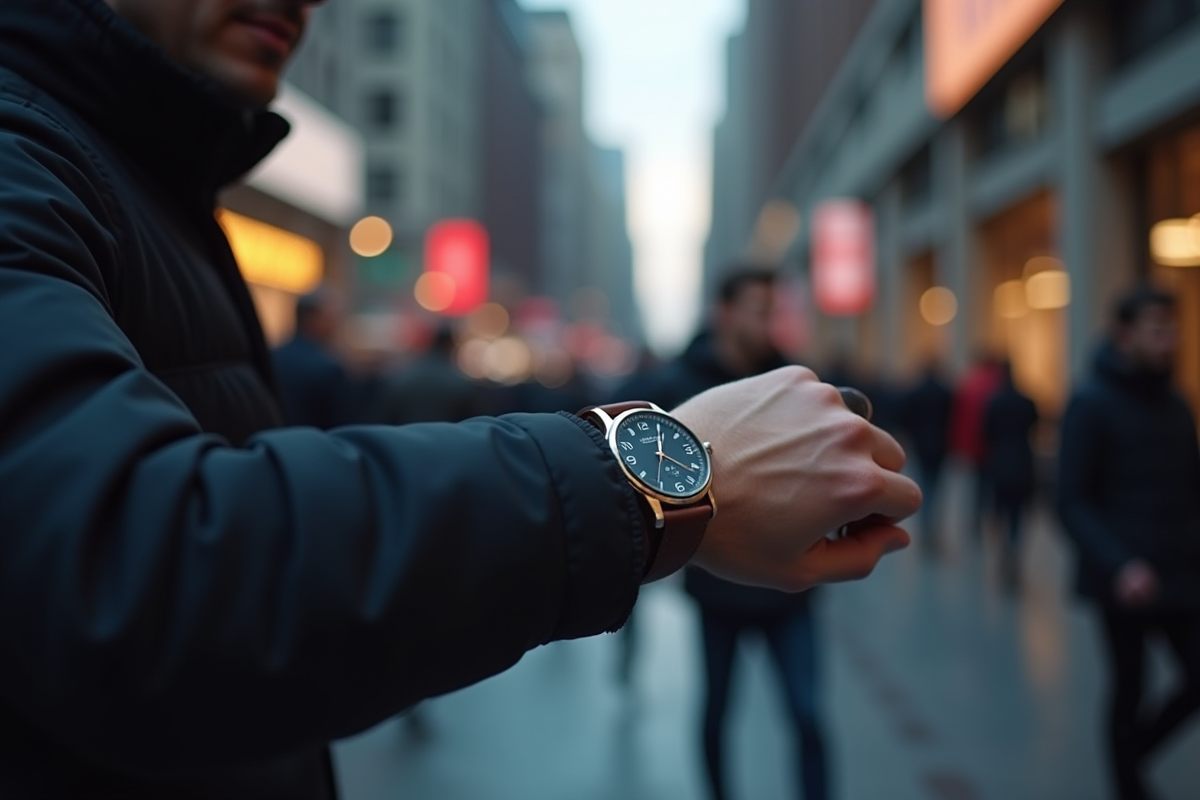 Personne regardant sa montre dans une rue animée