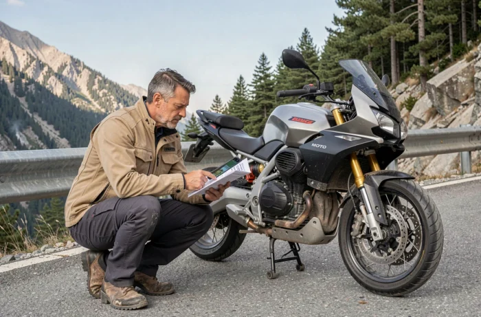 Motard consultant le manuel de sa Moto Guzzi V85 TT en bord de route de montagne après une panne de surchauffe