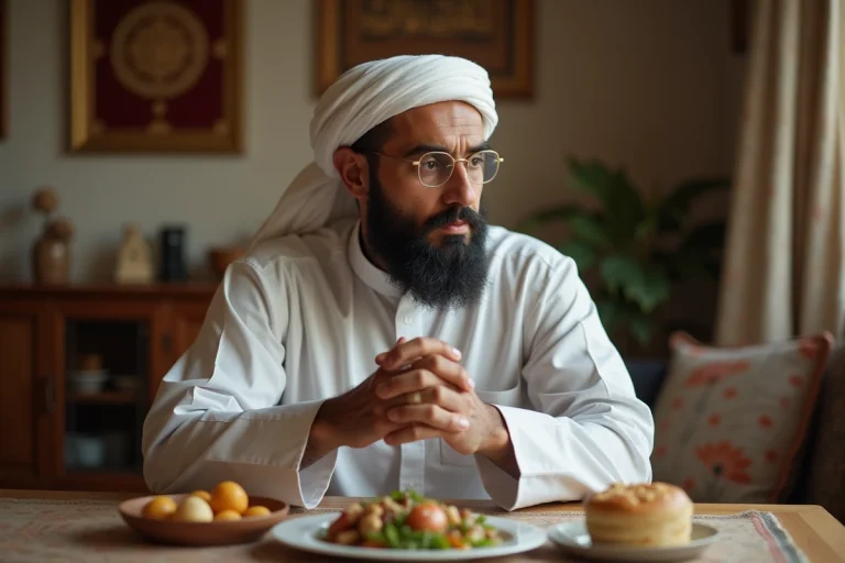 Musulman méditant à table avec nourriture non consommée