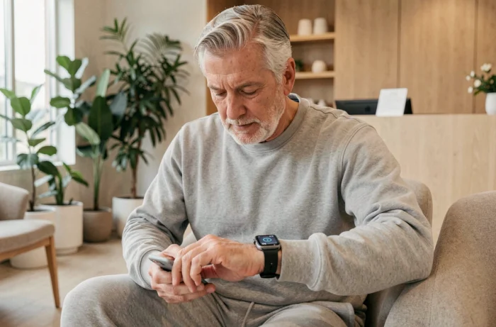 Patient senior utilisant une montre connectée pour suivre sa santé dans une clinique bien-être moderne