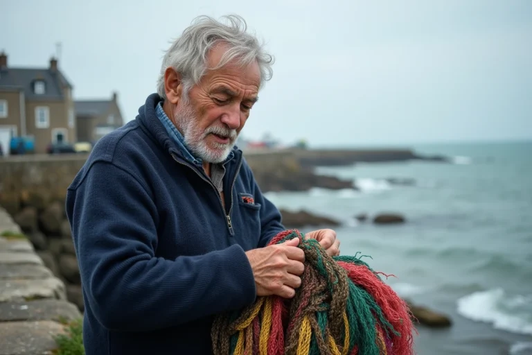 Vieux pêcheur breton répare un filet de pêche traditionnel