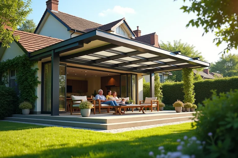 Pergola en polycarbonate avec solutions anti-chaleur dans un jardin résidentiel en été