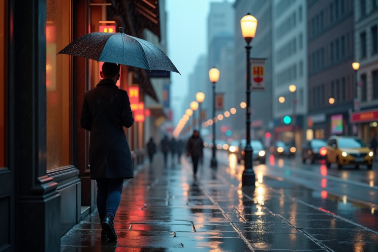 Personne avec parapluie sur trottoir urbain sous la pluie