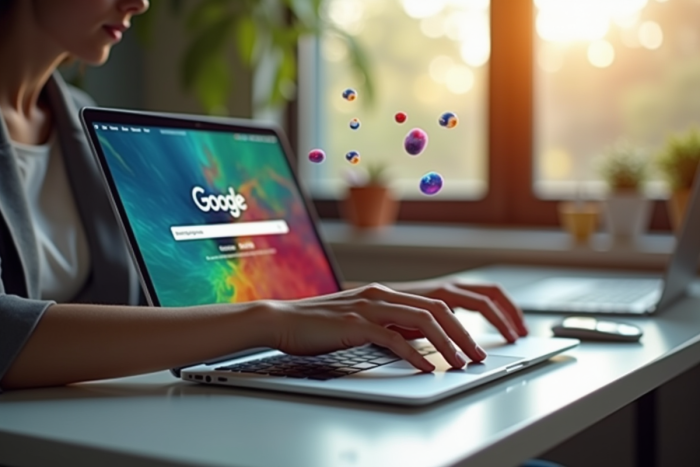 Personne au bureau avec un ordinateur affichant Google et jeux