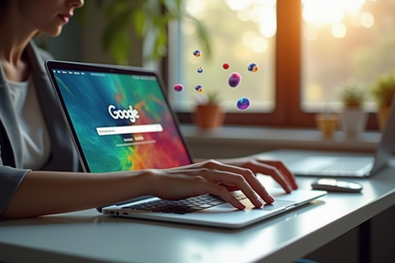 Personne au bureau avec un ordinateur affichant Google et jeux