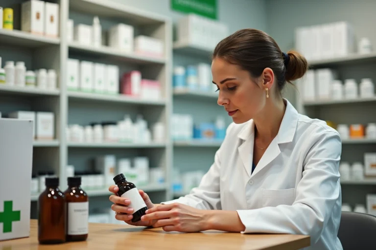 Pharmacienne en blouse blanche tenant un flacon concentré de Phytargile en pharmacie, examinant attentivement l'étiquette du produit