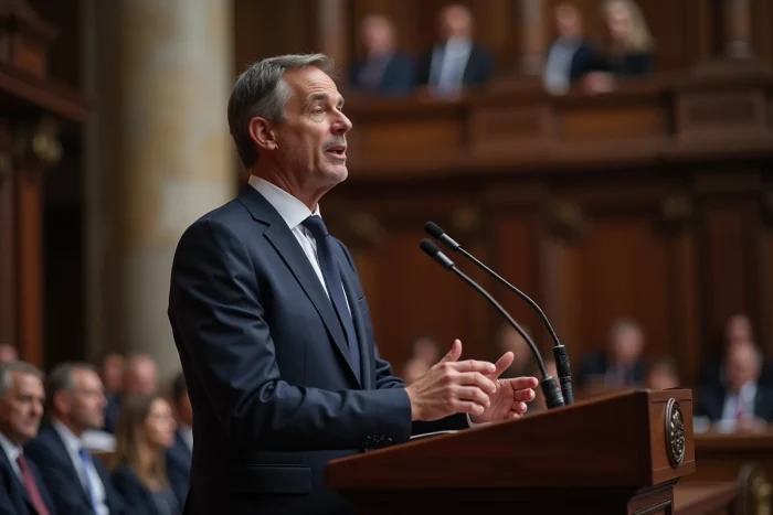 Homme politique français en costume marine prenant la parole à un pupitre dans une salle d'assemblée néoclassique