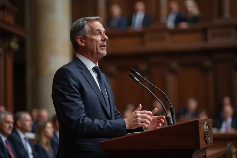 Homme politique français en costume marine prenant la parole à un pupitre dans une salle d'assemblée néoclassique