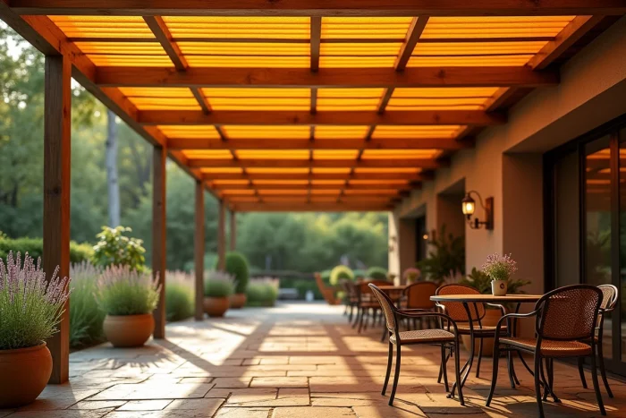 Plaques de polycarbonate alvéolaire teinte bronze ou fumé montées sur pergola
