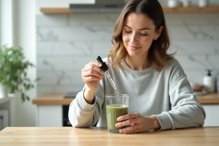 Femme préparant une dose de Phytargile concentré dans un verre d'eau à la maison, dans le cadre de sa routine bien-être quotidienne