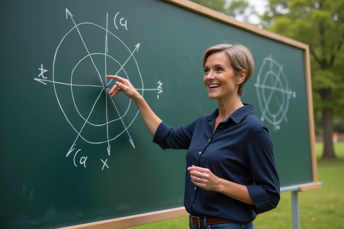 Professeure expliquant les axes sur un tableau avec diagrammes en extérieur