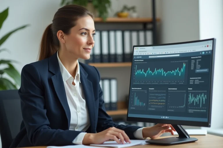 Professionnelle analysant un tableau de bord de gestion digitale sur un grand écran dans un bureau moderne