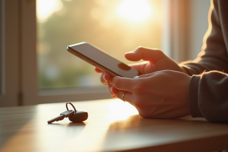 Personne cherchant ses clés avec un traceur Bluetooth sur un comptoir lumineux
