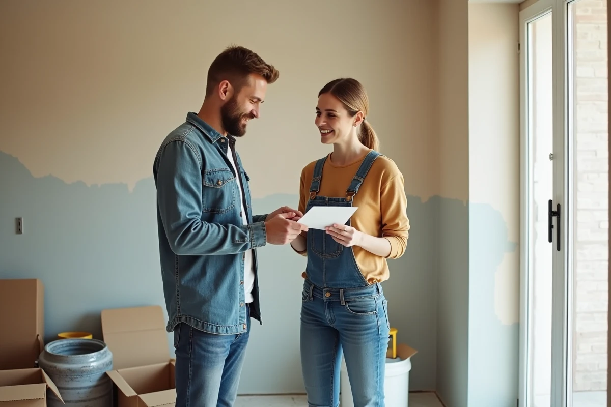 Couple discutant de plans de renovation avec echantillons de couleur