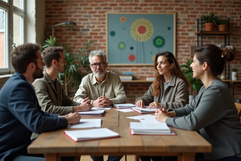 Groupe de militants réunis autour d'une table pour discuter de théories politiques alternatives et de la communisation