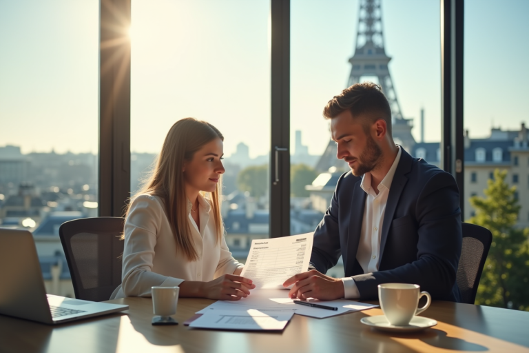 Deux professionnels examinent une fiche de paie dans un bureau lumineux à Paris