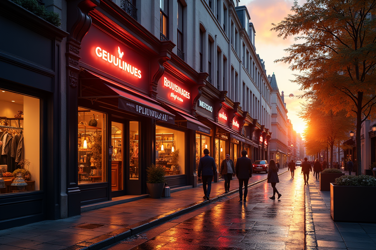 Rue de ville artistique au coucher du soleil avec boutiques